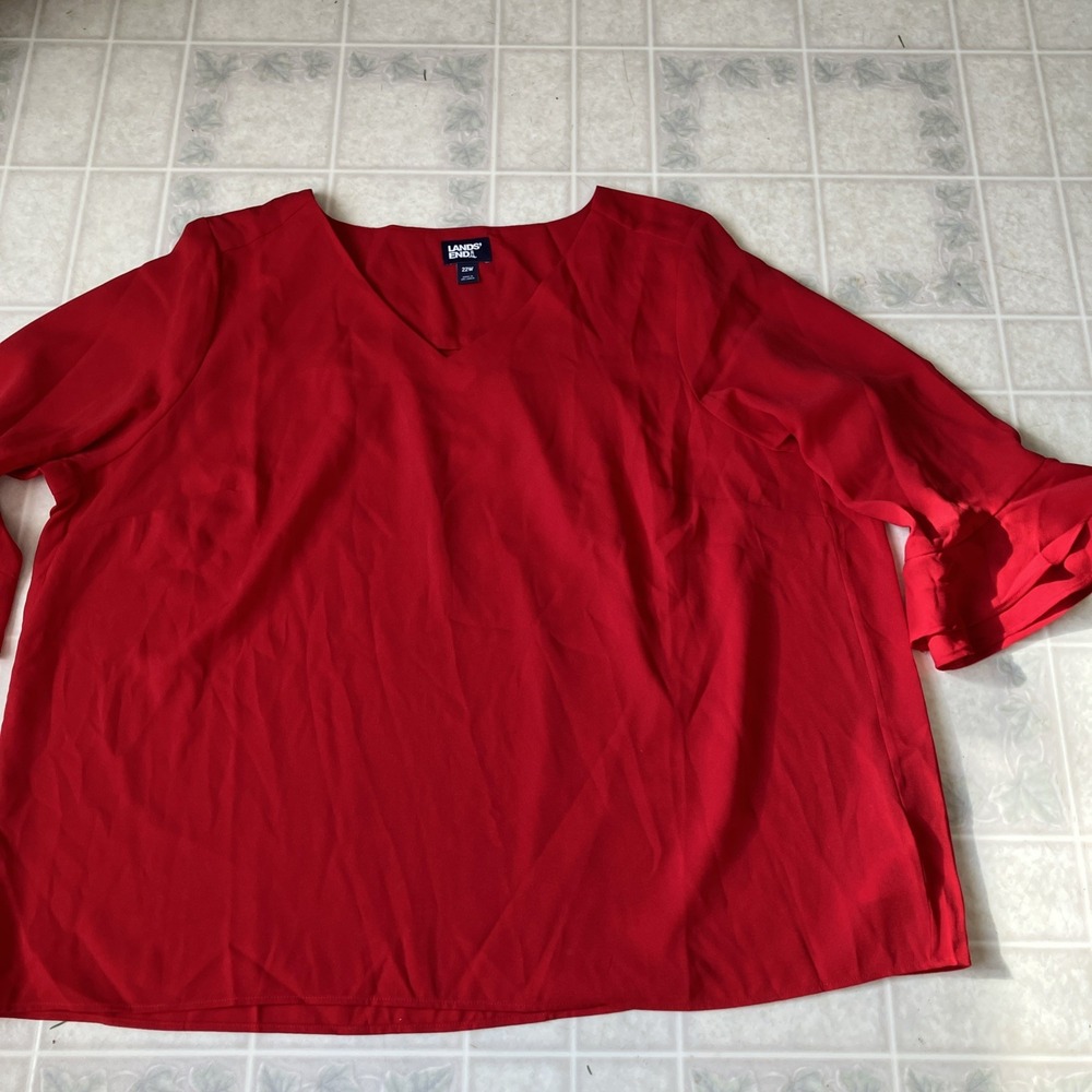 Lands End Blouse Womens 22W Red V Neck Ruffle 3/4‎ Sleeve Blouse Lightweight